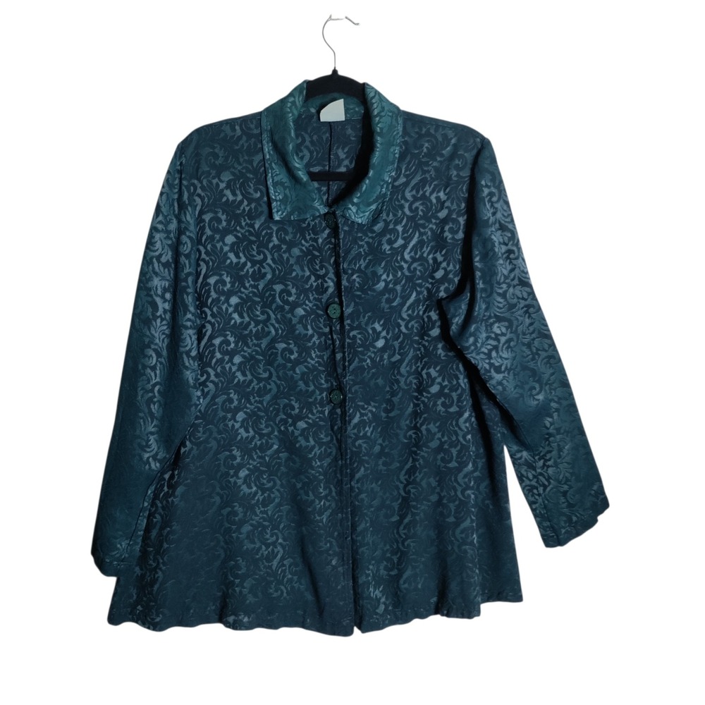 Vintage Cut Loose Teal Green Damask Jacquard Button Front Jacket Womens Medium